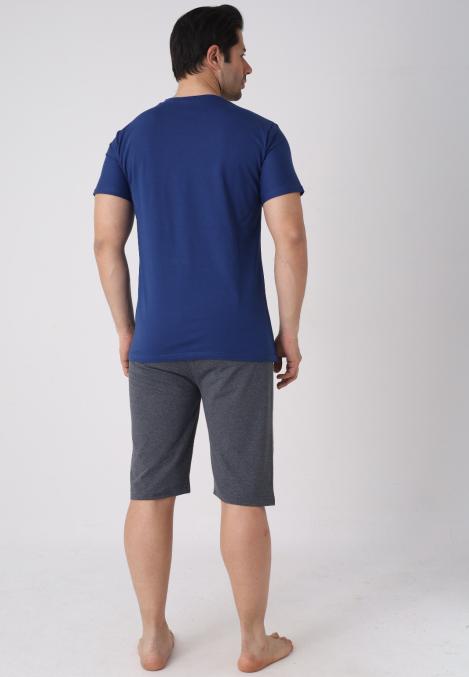 Pijama barbat cu maneca scurta si pantaloni 3/4, culoare bleumarin, Engros